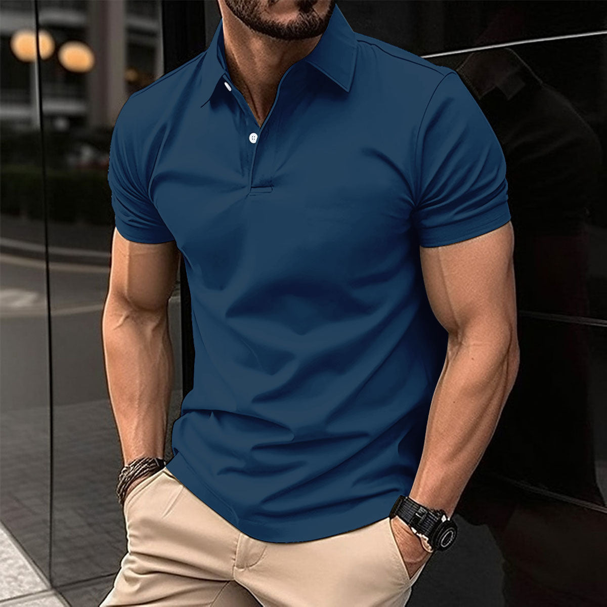 Summer Short Sleeve Polo Shirt Men Solid Color Men dealsniper-net Sea Blue 2XL