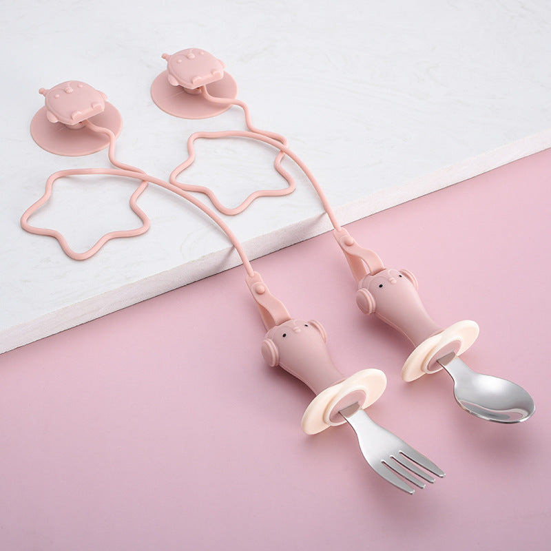 Infant Stainless Steel Training Spoon Fork Silicone Anti-drop Kids dealsniper-net Pink