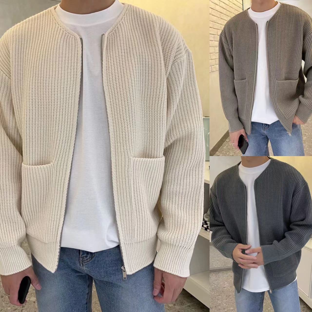 Men Zip Up Knitted Cardigan Lined Funnel Sweater Men Gym From House