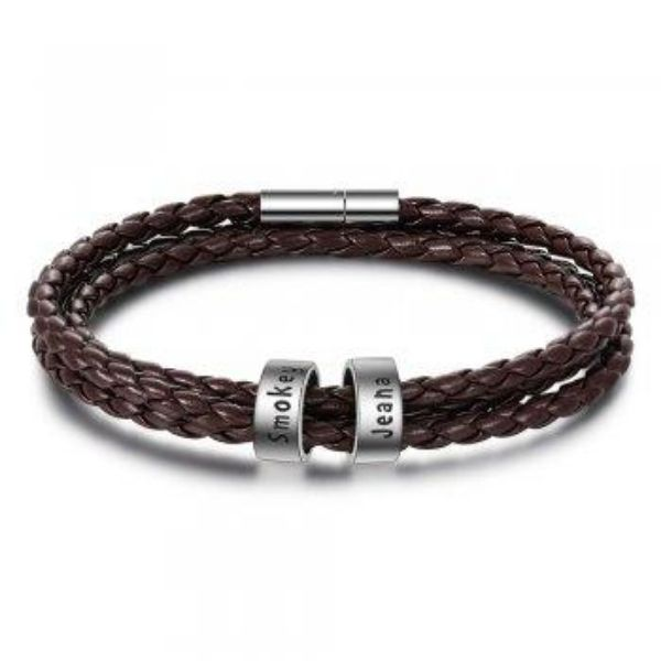 Personalized Mens Braided Genuine Leather Bracelet Stainless Steel