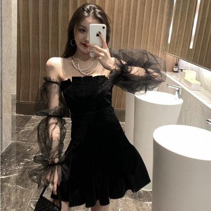 Temperament Mesh Bubble Sleeve Off Shoulder Waist Dress Women dealsniper-net