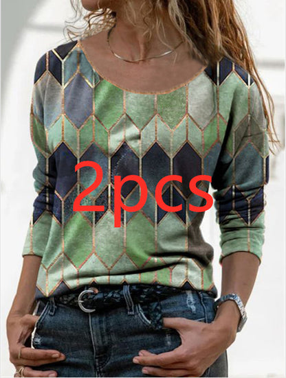 Long sleeve retro geometric print casual top T-shirt Women dealsniper-net Green2pcs 3XL