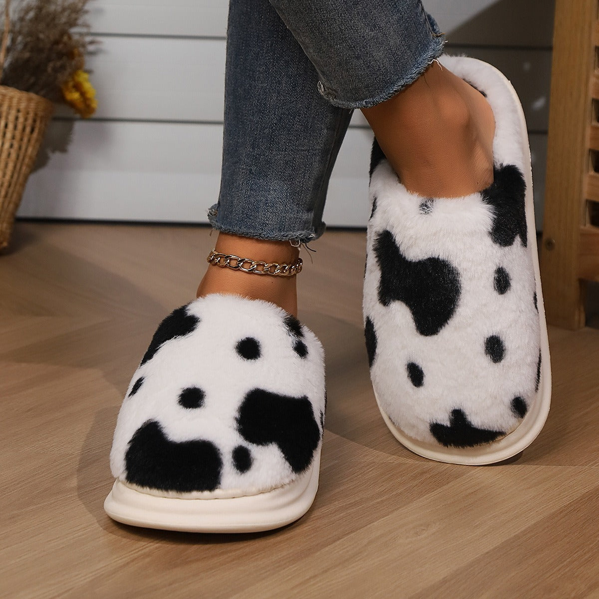 Cute Cow Spotted Plush Slippers Winter Warm Non-slip Women dealsniper-net