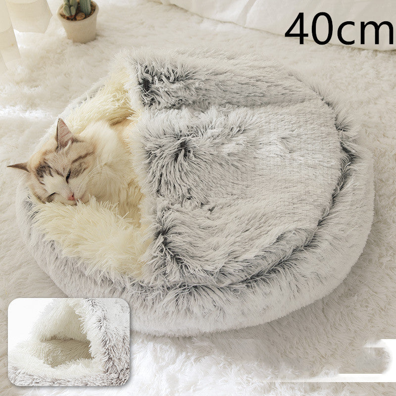 Pet Bed Round Plush Warm Bed House Soft Long Plush Bed 2 In 1 Bed Pets dealsniper-net Hair Grey 40cm