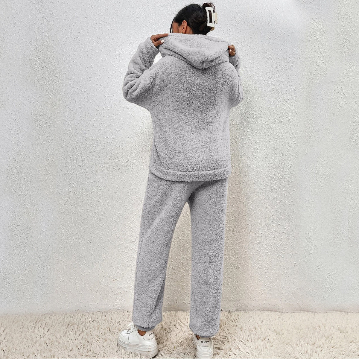 Winter Plush Pajama Set Fashion Casual Hooded Top And Elastic Band Women null