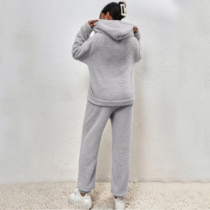 Winter Plush Pajama Set Fashion Casual Hooded Top And Elastic Band Women null
