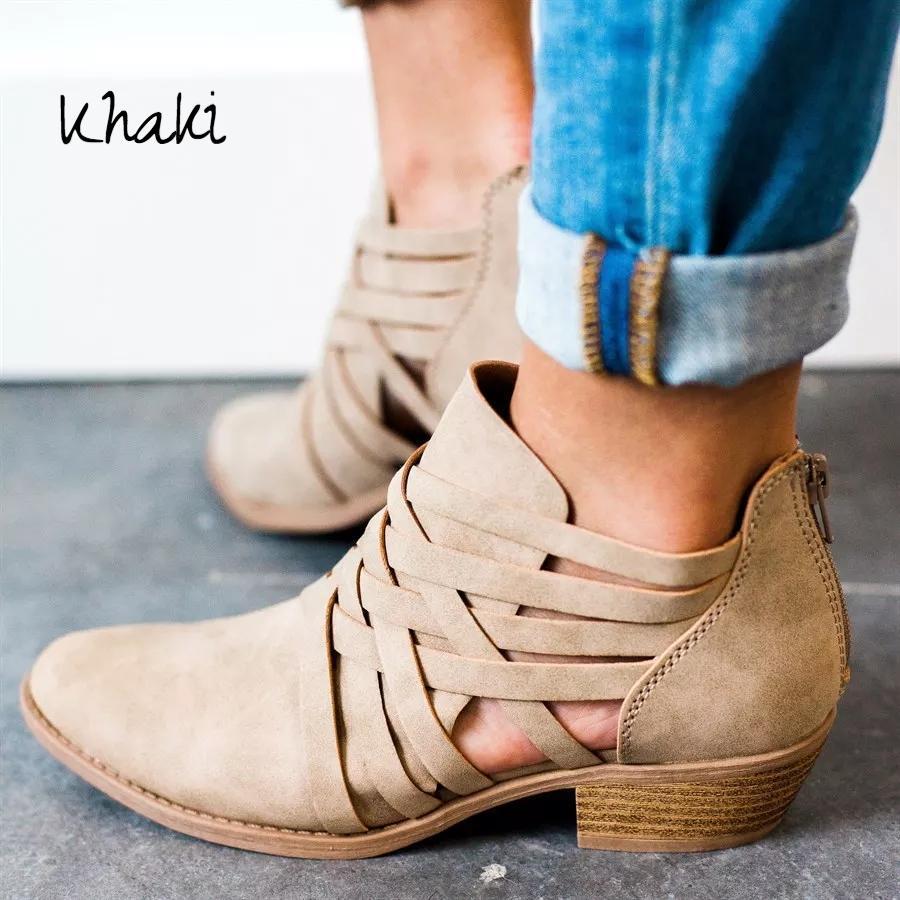 New Pointed Thick Heel Hollow Short Boots Women Gym From House Khaki 35