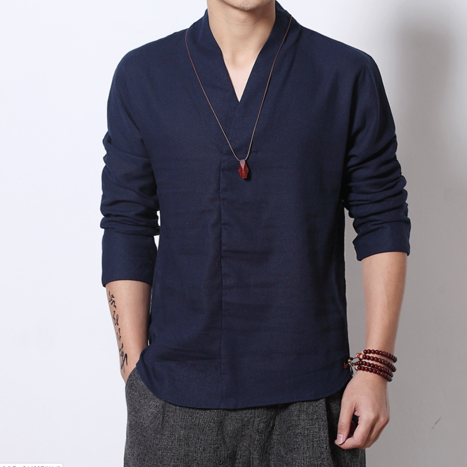 Men's Long-sleeved Shirt Retro Linen Chinese Style Men dealsniper-net Navy 3XL