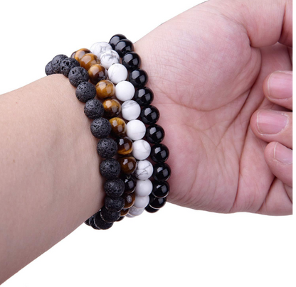 Natural Stone Beads Black Lava Rock Stone White Stretch Charm Strand Bracelet