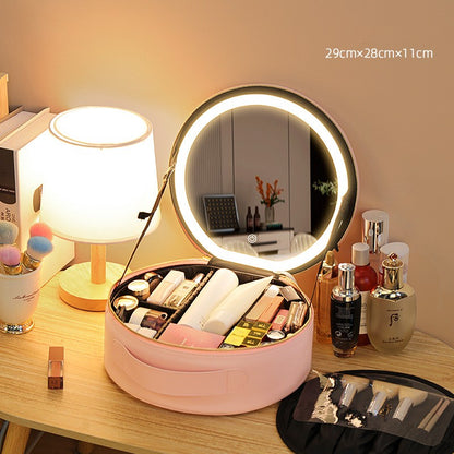 Round Smart LED Makeup Bag With Mirror Lights Women Beauty Bag Large Capacity PU Leather Travel Organizers Cosmetic Case Beauty DealSniper.net Pink 29x28x11cm