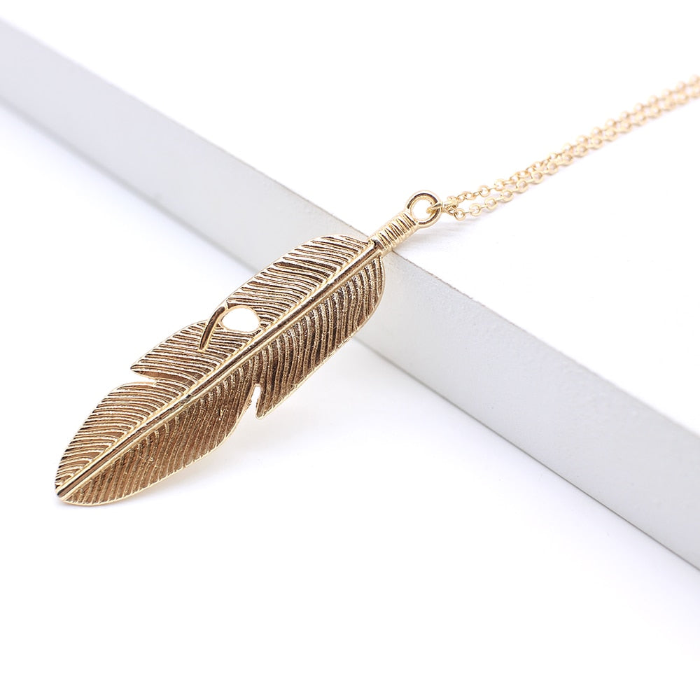 Simple feather necklace leaves long sweater chain clothing Jewelry dealsniper-net Gold