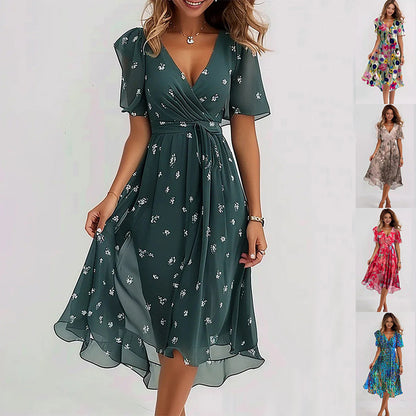 Chiffon Printed Short Sleeve Dress Summer Elegant V-neck Women dealsniper-net