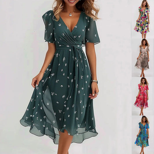 Chiffon Printed Short Sleeve Dress Summer Elegant V-neck