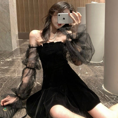 Temperament Mesh Bubble Sleeve Off Shoulder Waist Dress Women dealsniper-net