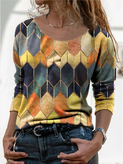 Long sleeve retro geometric print casual top T-shirt Women dealsniper-net Yellow 3XL