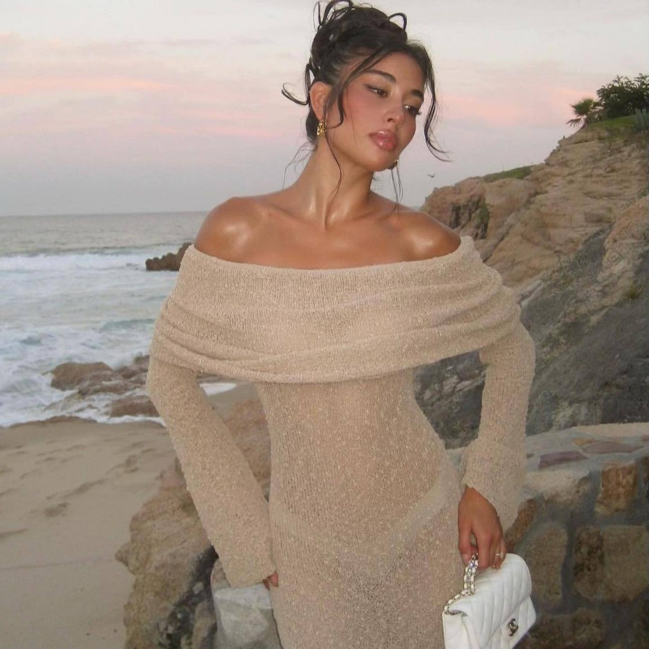 New One-shoulder Knitted Long-sleeved Dress Sexy Beach Women dealsniper-net