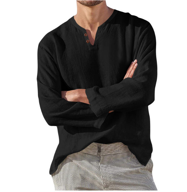 Cotton Linen Men's Long Sleeve V-neck Casual Beach Linen Men DealSniper.net