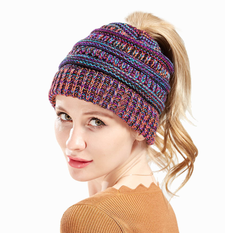 Mixed Color Knitted Wool Hat Ladies Non-labeled Ponytail Hat Women dealsniper-net