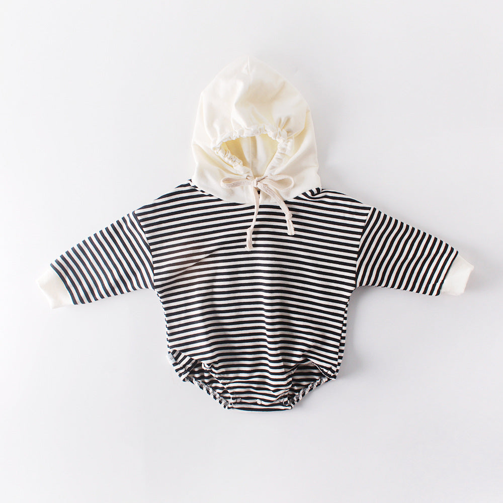 Ins Autumn Baby Striped Baby Clothes Hooded One-piece Hatching Climbing Suit Thickened Kids DealSniper.net Black stripe 66cm