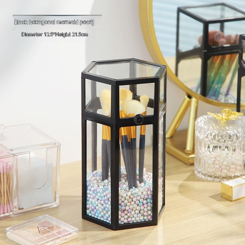 Makeup Brush Glass Storage Container Dustproof Cover Beauty dealsniper-net Black Hexagon Mermaid Pearl