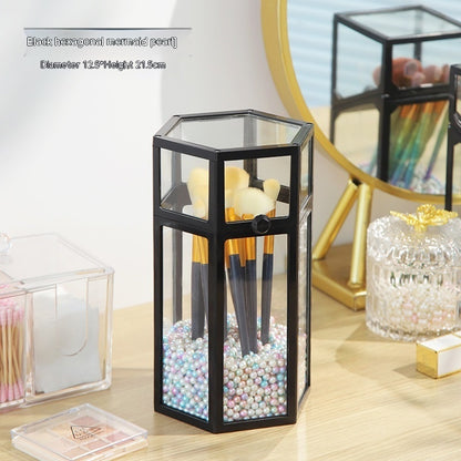 Makeup Brush Glass Storage Container Dustproof Cover Beauty dealsniper-net Black Hexagon Mermaid Pearl