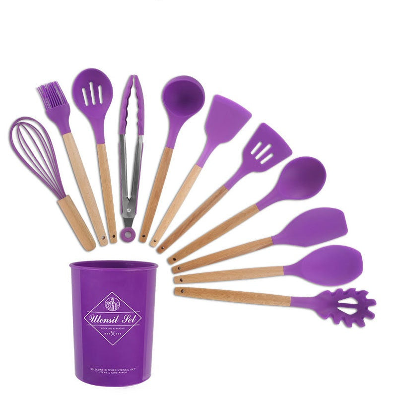 Silicone Kitchenware With Wooden Handle Kitchen dealsniper-net 12pcs purple