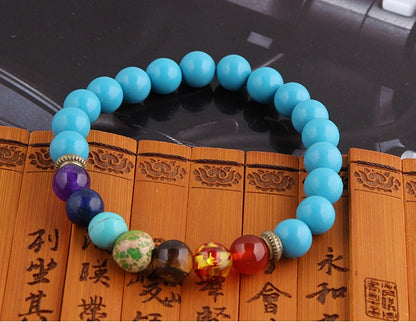 Handmade Black Lava Seven Chakra Healing Balance Beaded Bracelet Jewelry dealsniper-net Blue turquoise