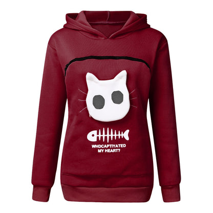 Women Hoodie Sweatshirt With Cat Pet Pocket Design Women dealsniper-net Wine red L