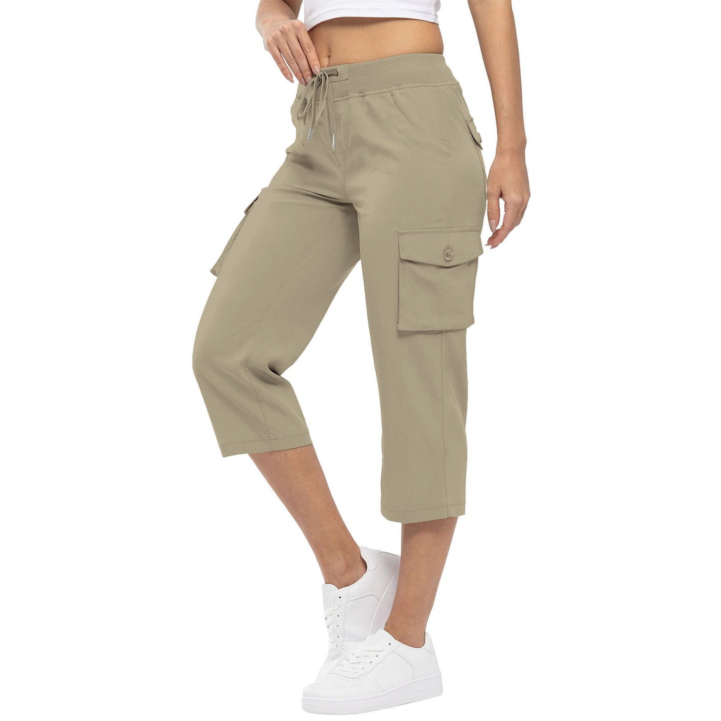 Women's High Waist Drawstring Pocket Loose Pants Women DealSniper.net Khaki L
