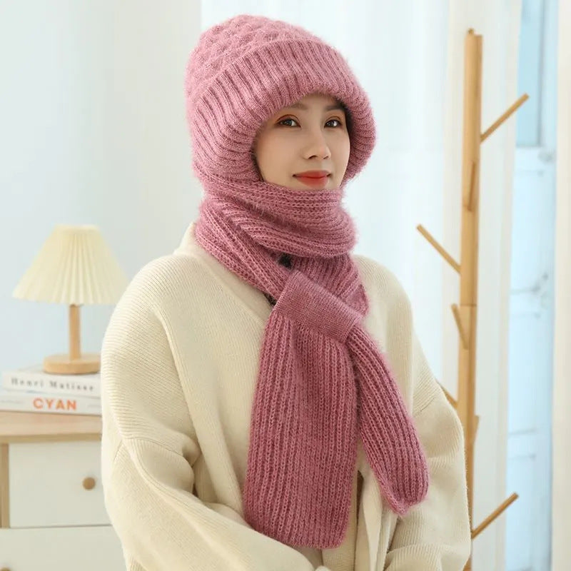 Women's Fleece-lined Scarf And Hat Winter Warm Knitted Hat Scarf Women DealSniper.net Pink