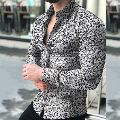 Lapel printed long-sleeved casual floral shirt Men dealsniper-net