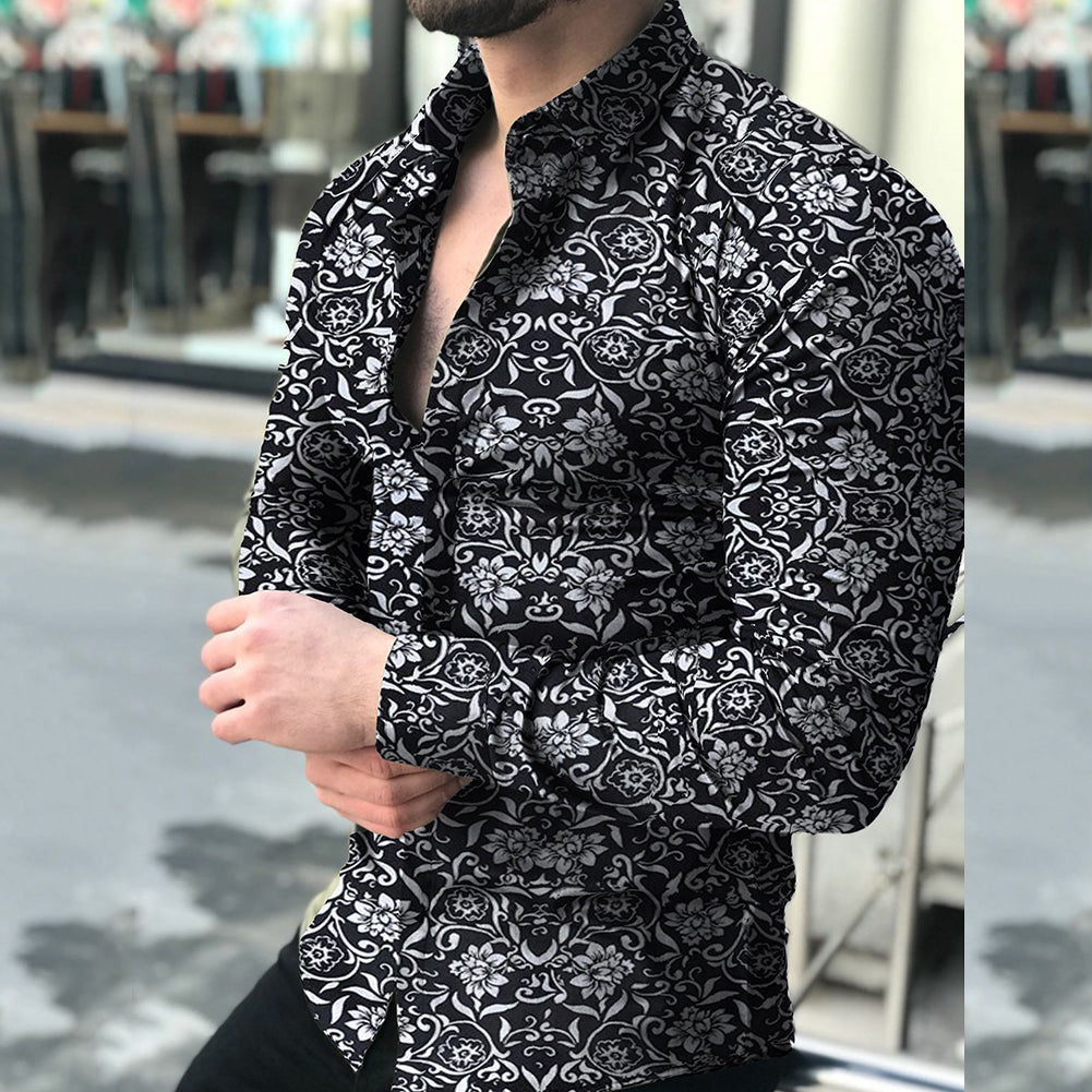 Lapel printed long-sleeved casual floral shirt Men dealsniper-net Black 3XL