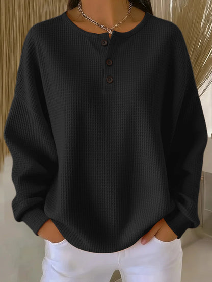 Ins Waffle Long-sleeved T-shirt Fashion Solid Color Buttons Women Gym From House Black 2XL
