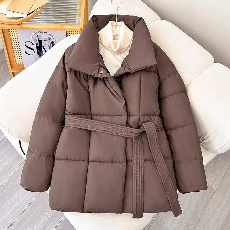 Winter Plaid Sewing Lapel Coat With Lace-up Design Fashion