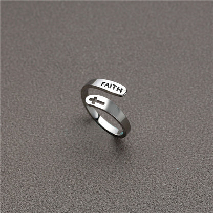 Hollow Cross Double Ring Stainless Steel Engraved Faith Simple Ring Jewelry dealsniper-net