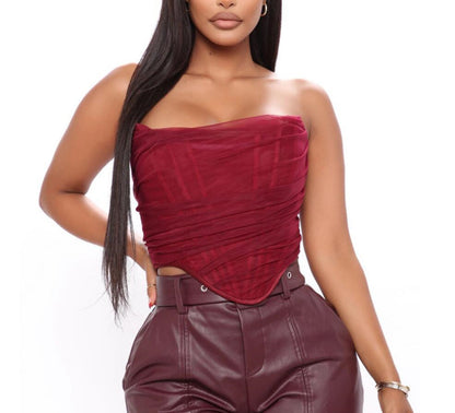 Fish Bone Net Gauze Corset Vest Woman Women Gym From House Wine Red L