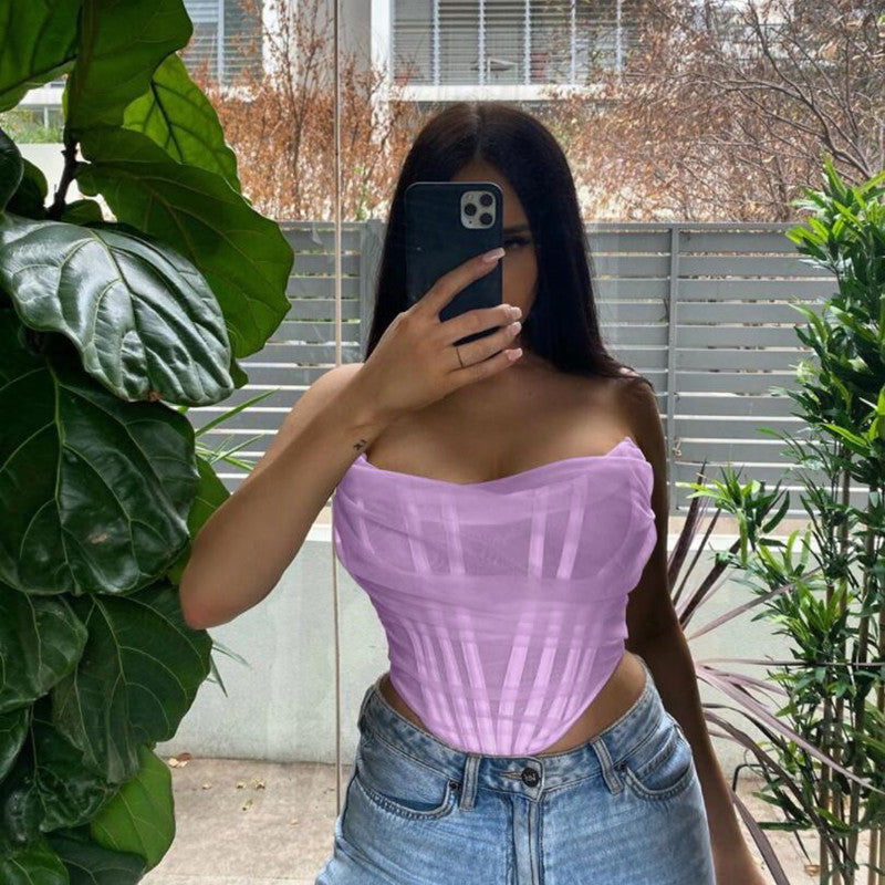Fish Bone Net Gauze Corset Vest Woman Women Gym From House Purple L
