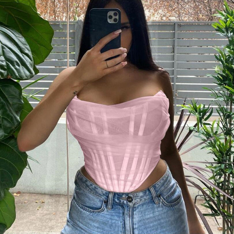 Fish Bone Net Gauze Corset Vest Woman Women Gym From House Pink L