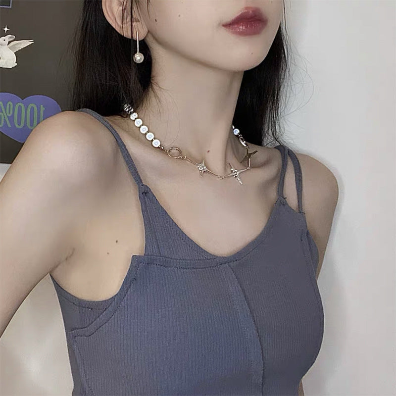 Blue Luminous Pearl Stitching Necklace Female Cross Jewelry dealsniper-net