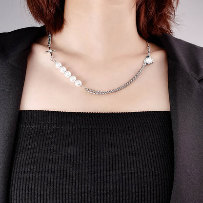 Reflective Pearl Necklace Asymmetric Stitching Chain Jewelry dealsniper-net