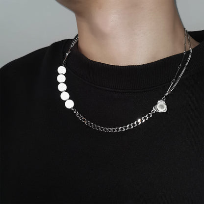 Reflective Pearl Necklace Asymmetric Stitching Chain Jewelry dealsniper-net B