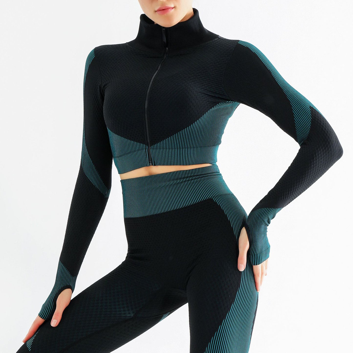 Yoga sets female sport gym suit Women Gym From House Coat Dark green L