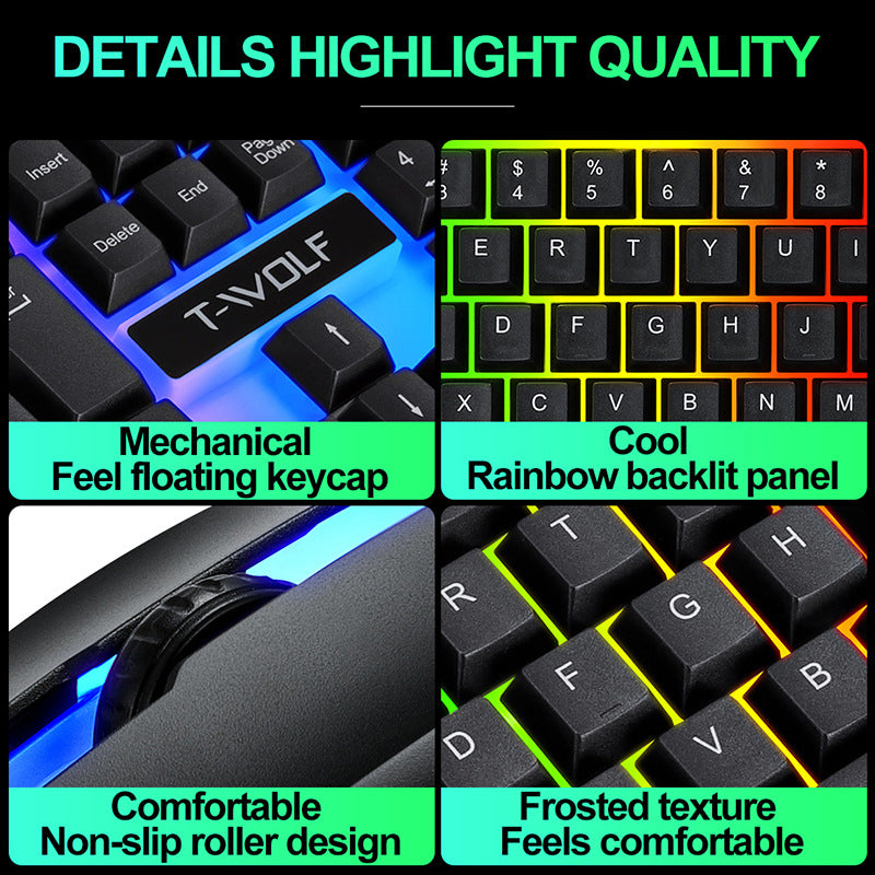 Wired Rainbow Backlit USB Interface Game Keyboard Ergonomic Game