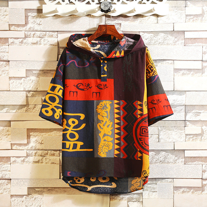 INCERUN Ethnic Style Printed T Shirt Men Hooded Vintage