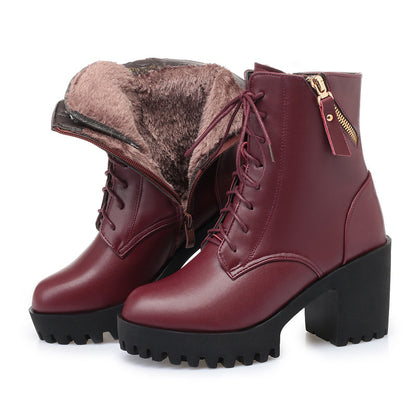 Genuine Leather Fashion High Heel Thick Heel Army Boots Women Wool Women Ankle Boots Women dealsniper-net Red fluff 34