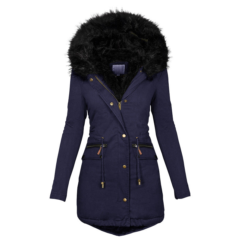 Women's Plush Hooded Parkas Winter Warm Thick Zip-up Jackets Women Gym From House Blue 2XL