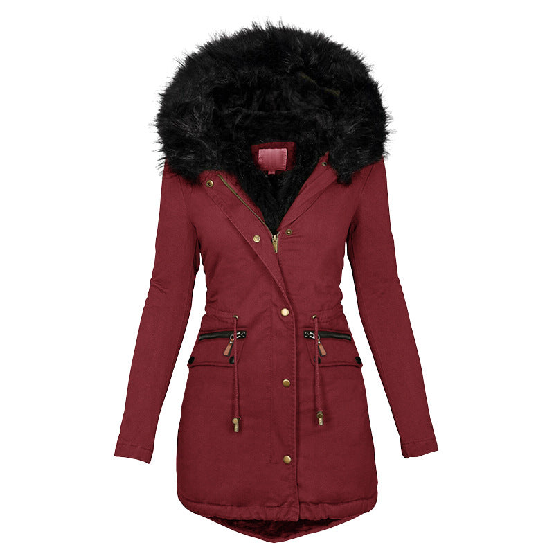 Women's Plush Hooded Parkas Winter Warm Thick Zip-up Jackets Women Gym From House Wine Red 2XL