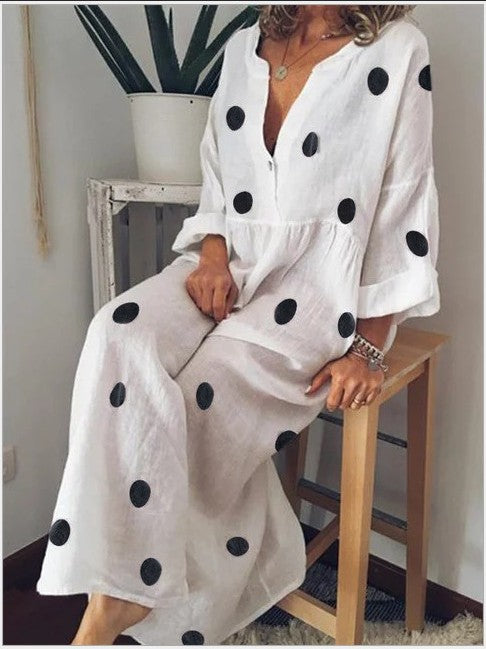 Hot Selling European and American Fashion Women's Maxi Bohemian Polka Dot Print Dress Women dealsniper-net White 2XL