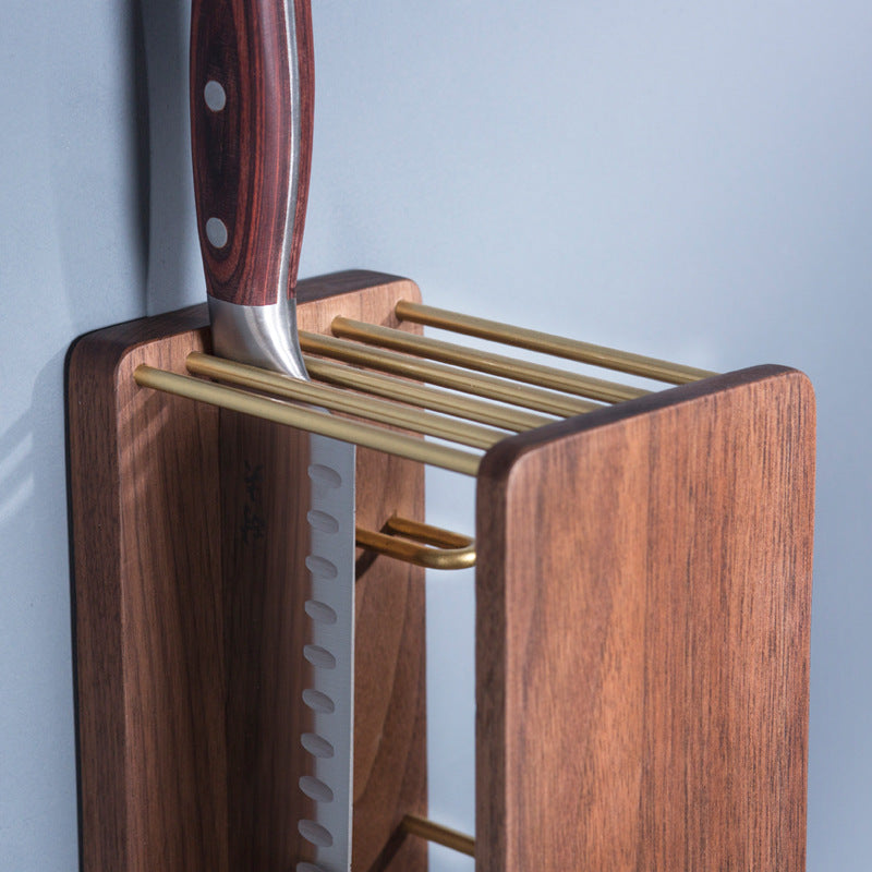 Kitchen Knife Rack Wall-Mounted Vertical Dual-Purpose Kitchen Knife Storage Rack Scissors Rack Free Perforated Black Walnut Multi-Function Kitchen DealSniper.net