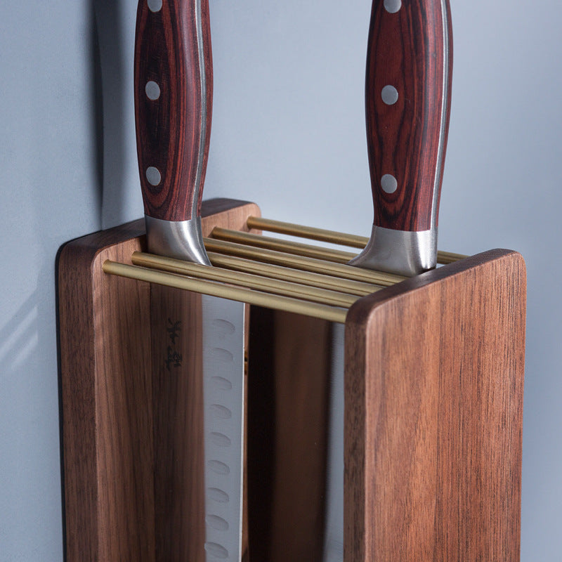 Kitchen Knife Rack Wall-Mounted Vertical Dual-Purpose Kitchen Knife Storage Rack Scissors Rack Free Perforated Black Walnut Multi-Function Kitchen DealSniper.net